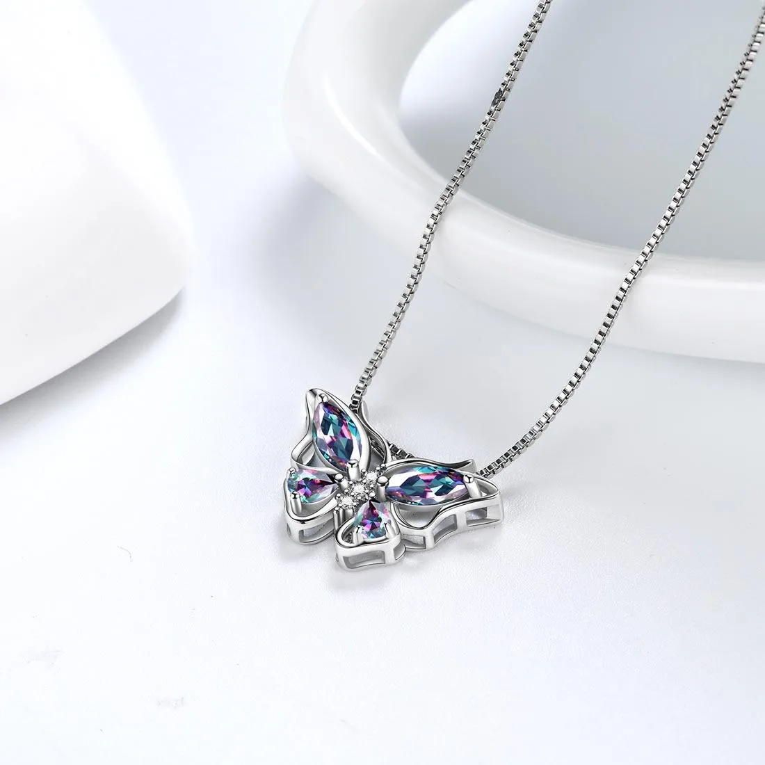 Butterfly Rainbow Mystic Topaz Necklaces Women Girls Jewelry Gift Sterling Silver