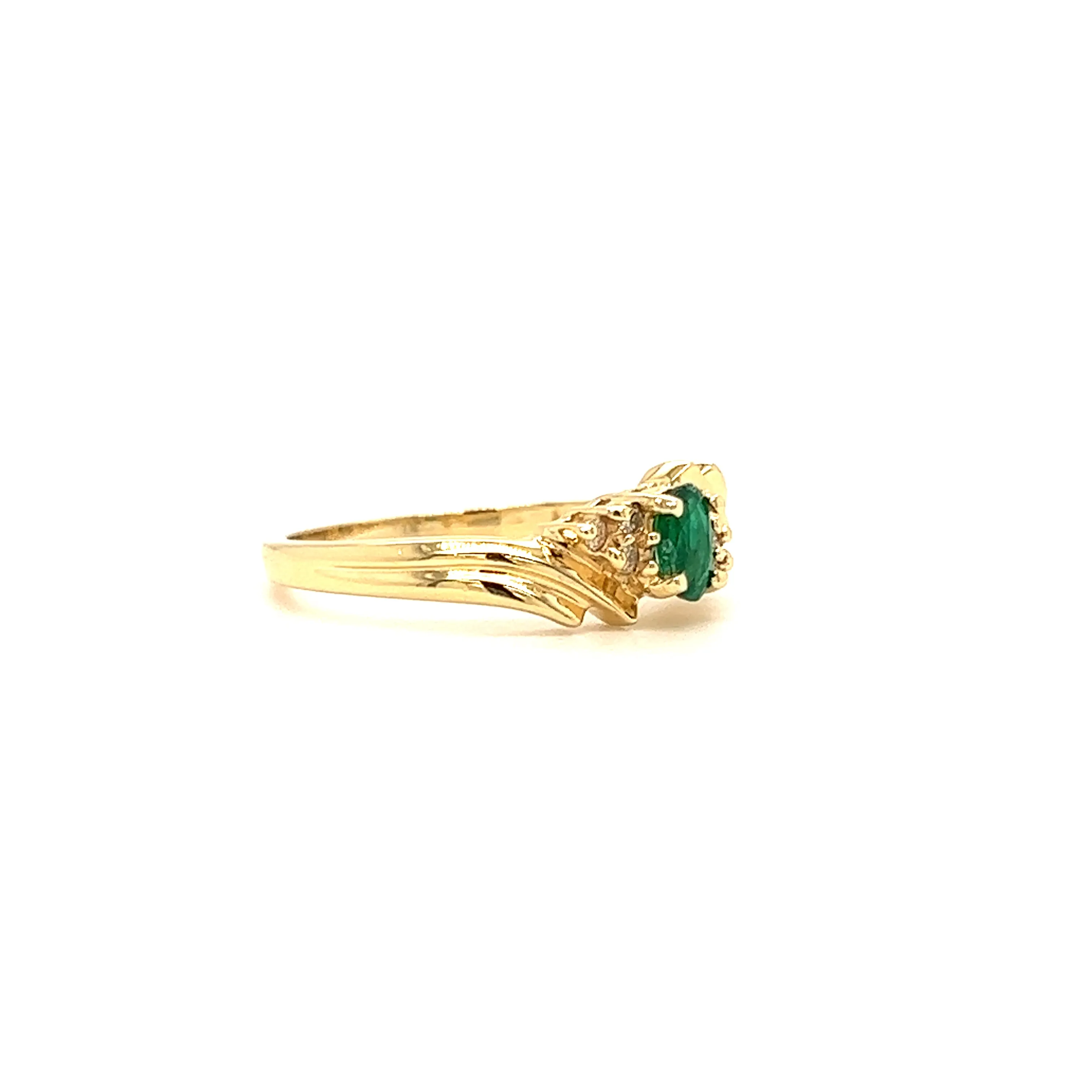 Bypass Emerald Ring with Six Side Diamonds in 14K Yellow Gold