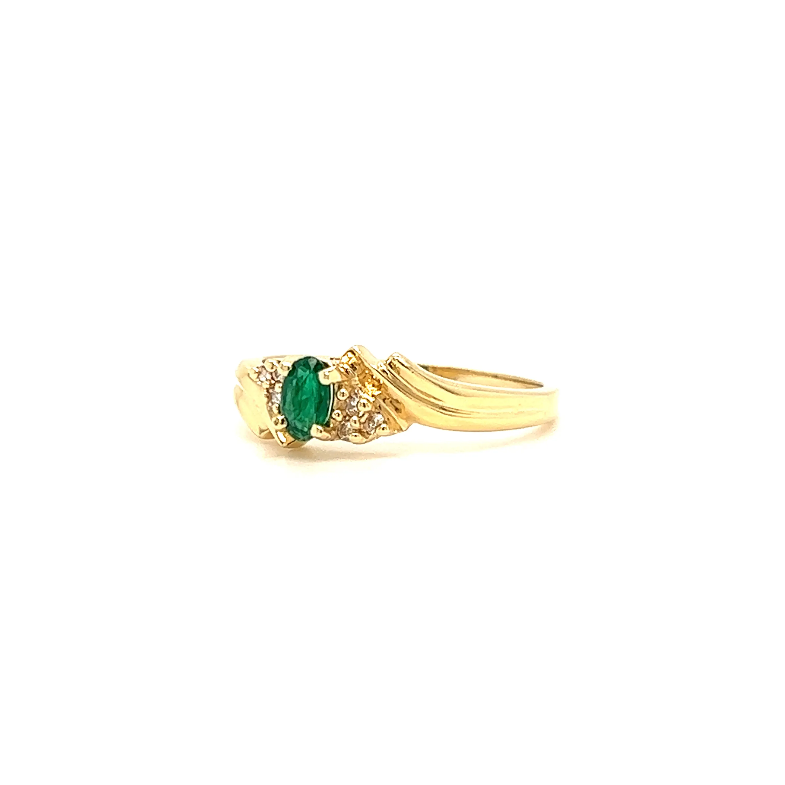 Bypass Emerald Ring with Six Side Diamonds in 14K Yellow Gold