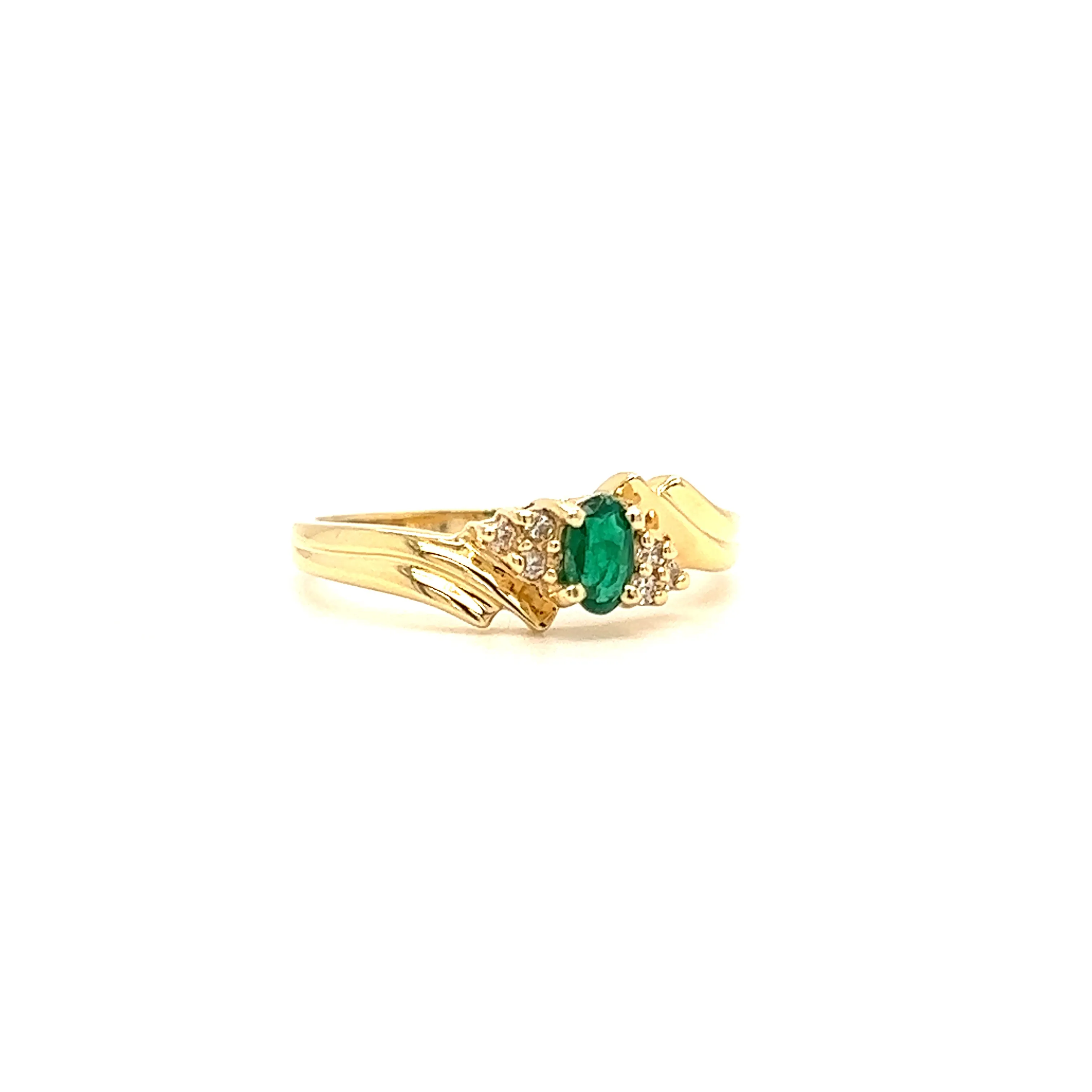 Bypass Emerald Ring with Six Side Diamonds in 14K Yellow Gold