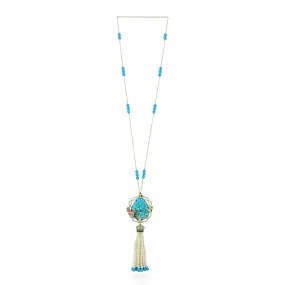 Carved Turquoise Natural Pearl,Sapphire & Onyx Beads Rope Lariat Necklace In 18K White Gold Diamond Jewelry On Sale