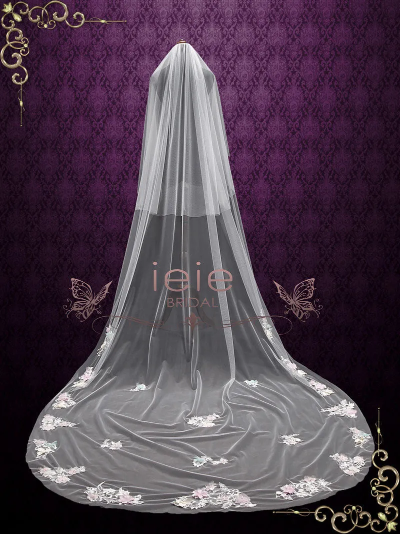 Cathedral Long Wedding Veil with Colored Flowers and Lace VG1095