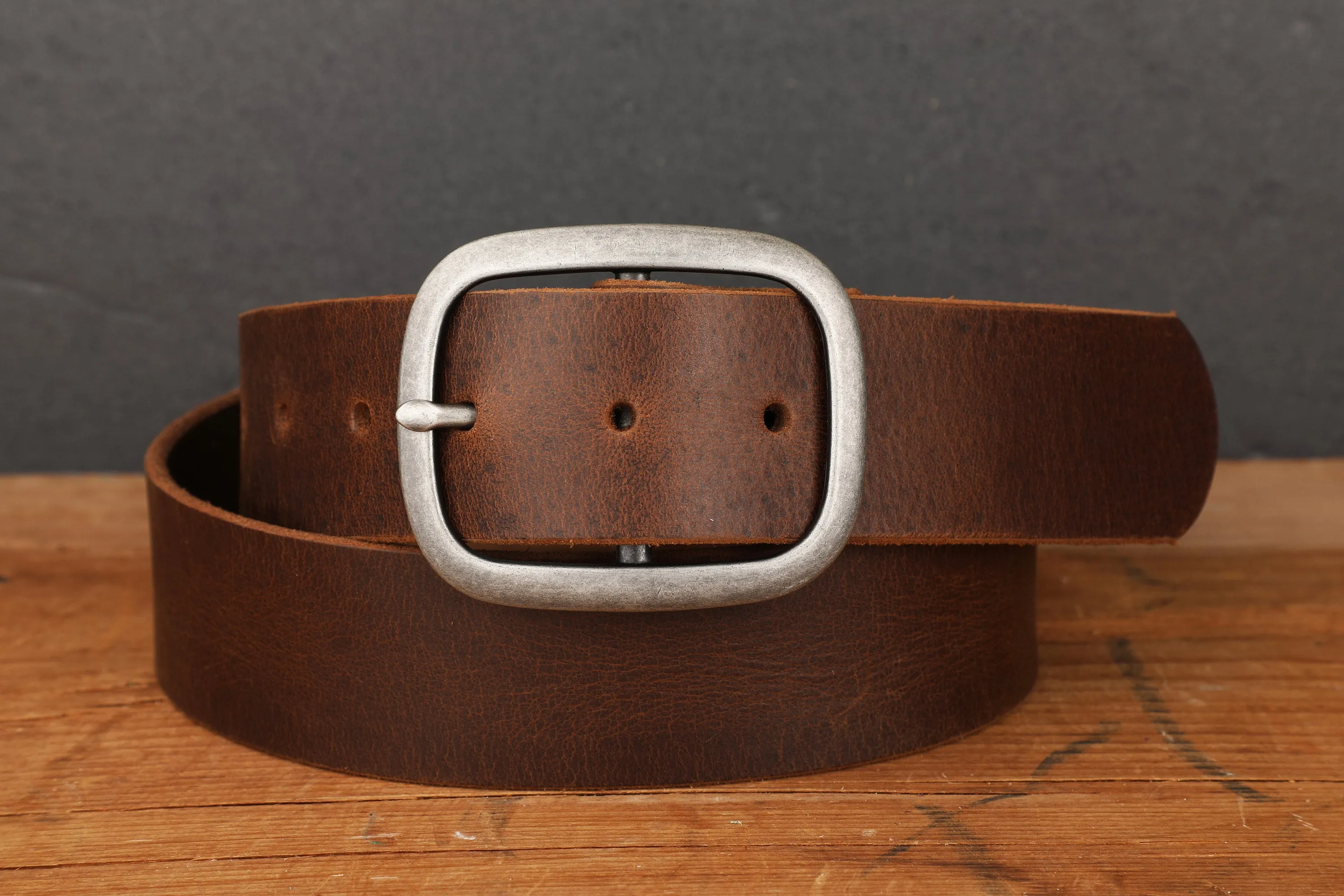 Chocolate Dark Brown Full Grain Leather Belt with Antique Silver Buckle