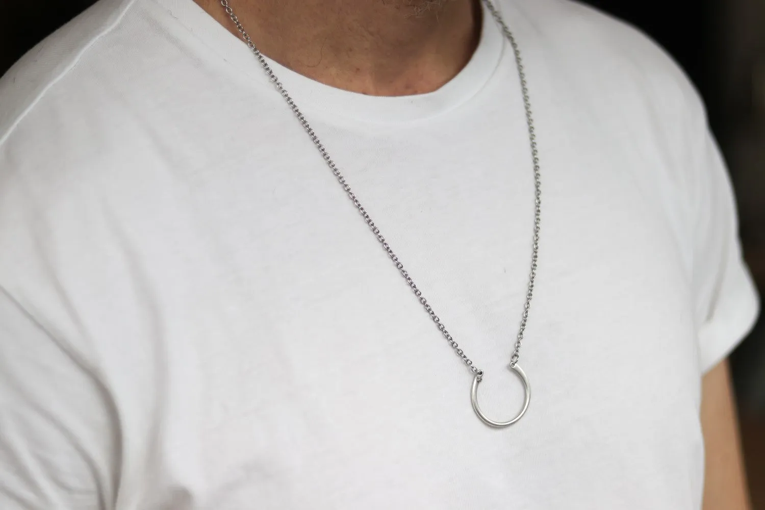 Circle necklace for men, men's necklace, silver open half circle pendant, chain