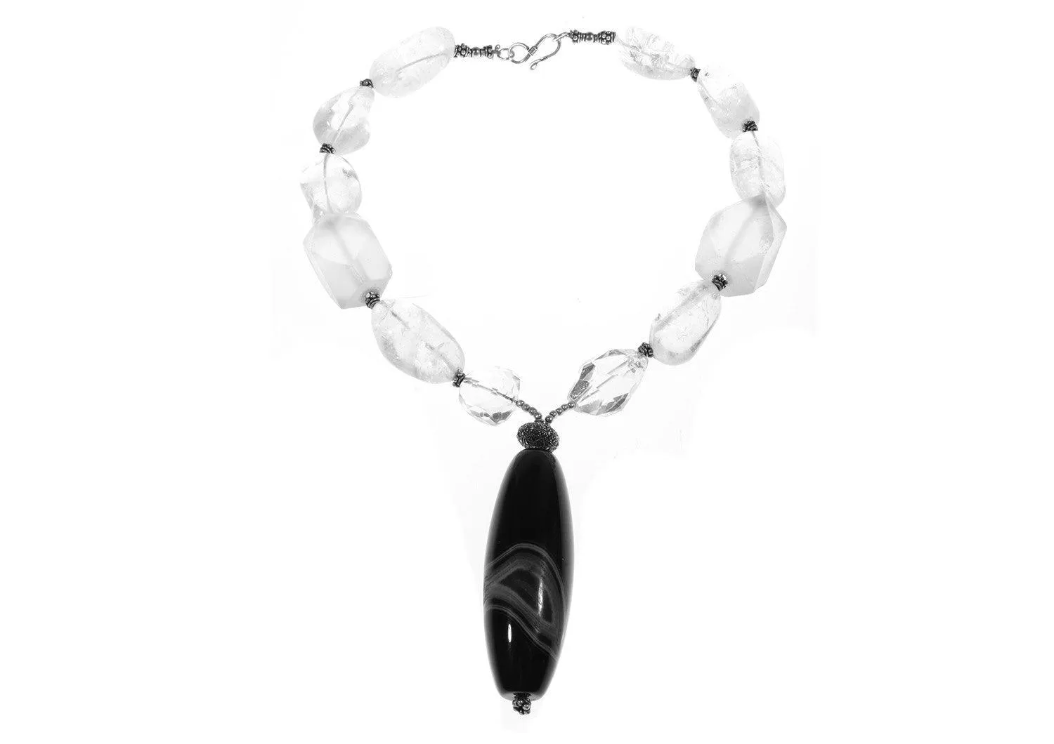 Clear beaded  crystal necklace with black onyx pendant