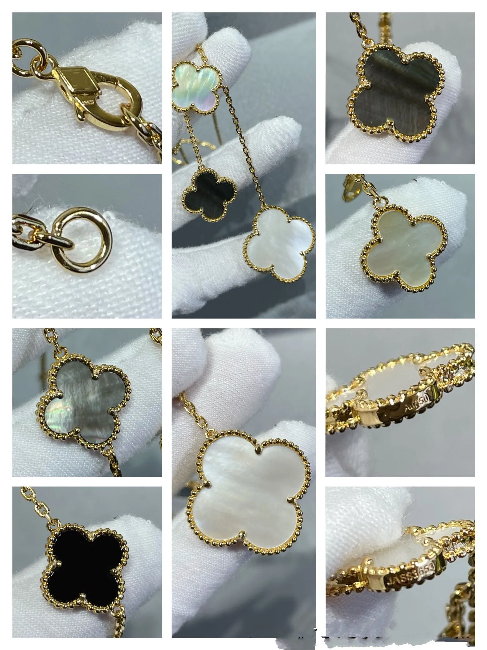 CLOVER 6 MOTIF MOP ONYX GOLD NECKLACE