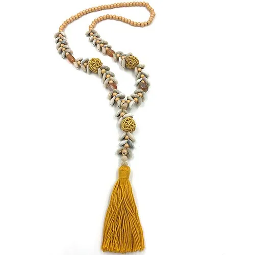 Cowrie Shell Long Necklace With Tassel Yellow Old Gold Or Beige Natural Handmade Bohemian Boho Beach Stone Jewelry Sea Shell Seashells Mala Beads