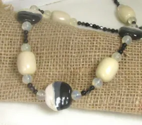 Cream Gray and Black Kazuri Necklace - Handmade Beads