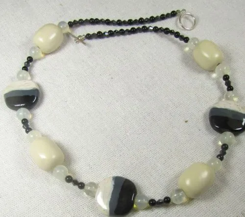 Cream Gray and Black Kazuri Necklace - Handmade Beads