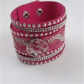 Crystal Bling in A Wide Hot Pink Leather Bracelet