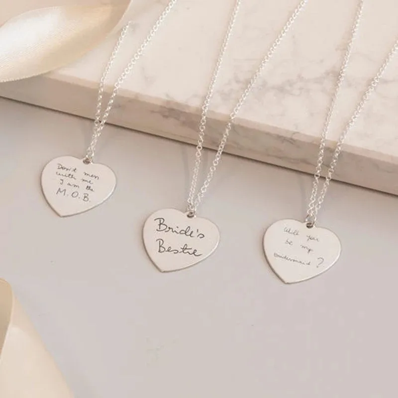 Custom Handwriting Engraved Heart Necklace, Fingerprint Necklace Heart, Heart Necklace Personalized, Signature Necklace, Memorial Necklace