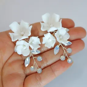 CZ Opal Ceramic White Flower Sparkling Crystal Long Bridal Jewelry Opal Bridal Earrings Opal Statement Earrings