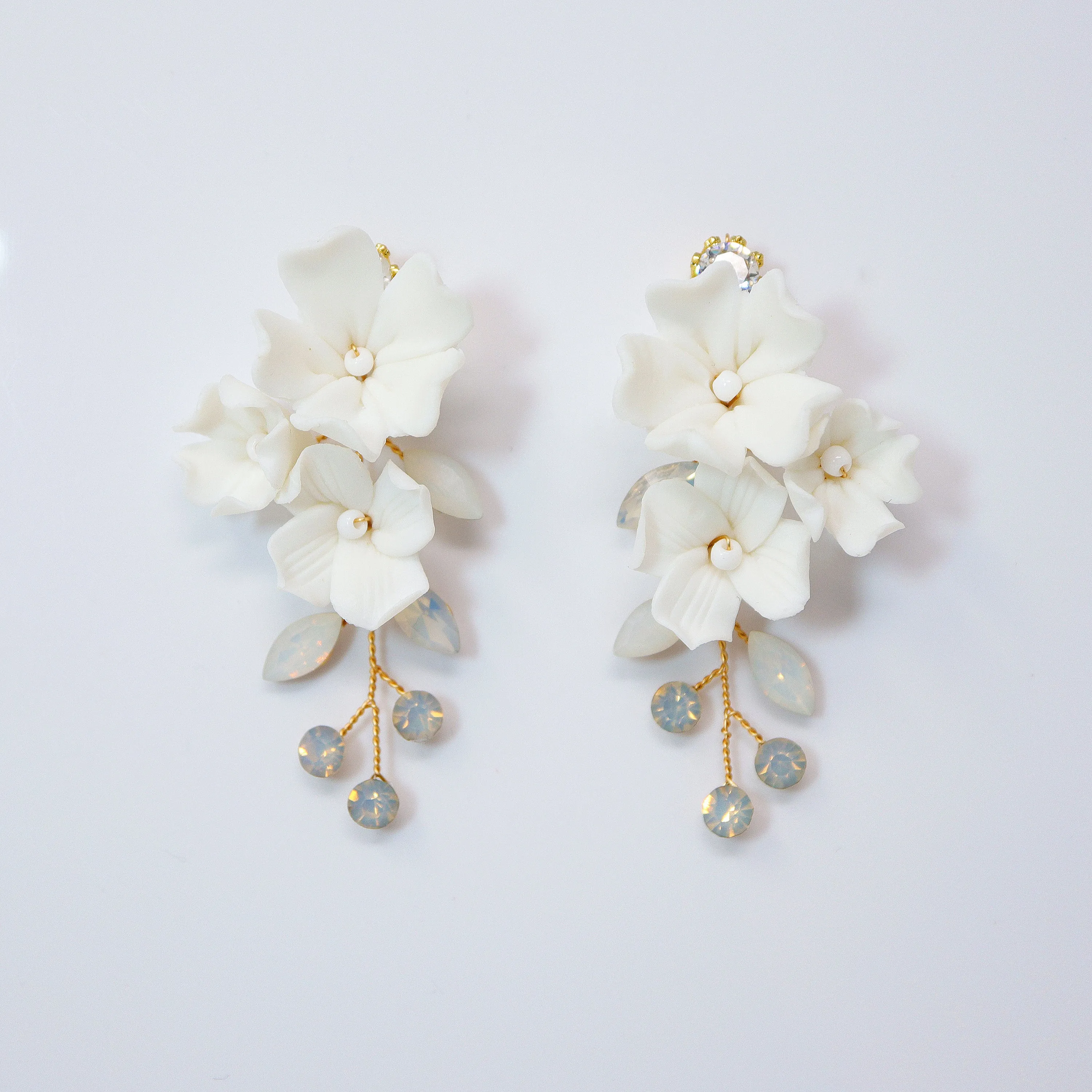 CZ Opal Ceramic White Flower Sparkling Crystal Long Bridal Jewelry Opal Bridal Earrings Opal Statement Earrings