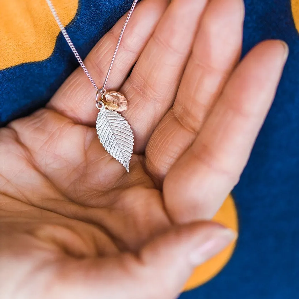 Dainty Mixed Leaves Charm Necklace ~ Mixed Metals Leaf Necklace