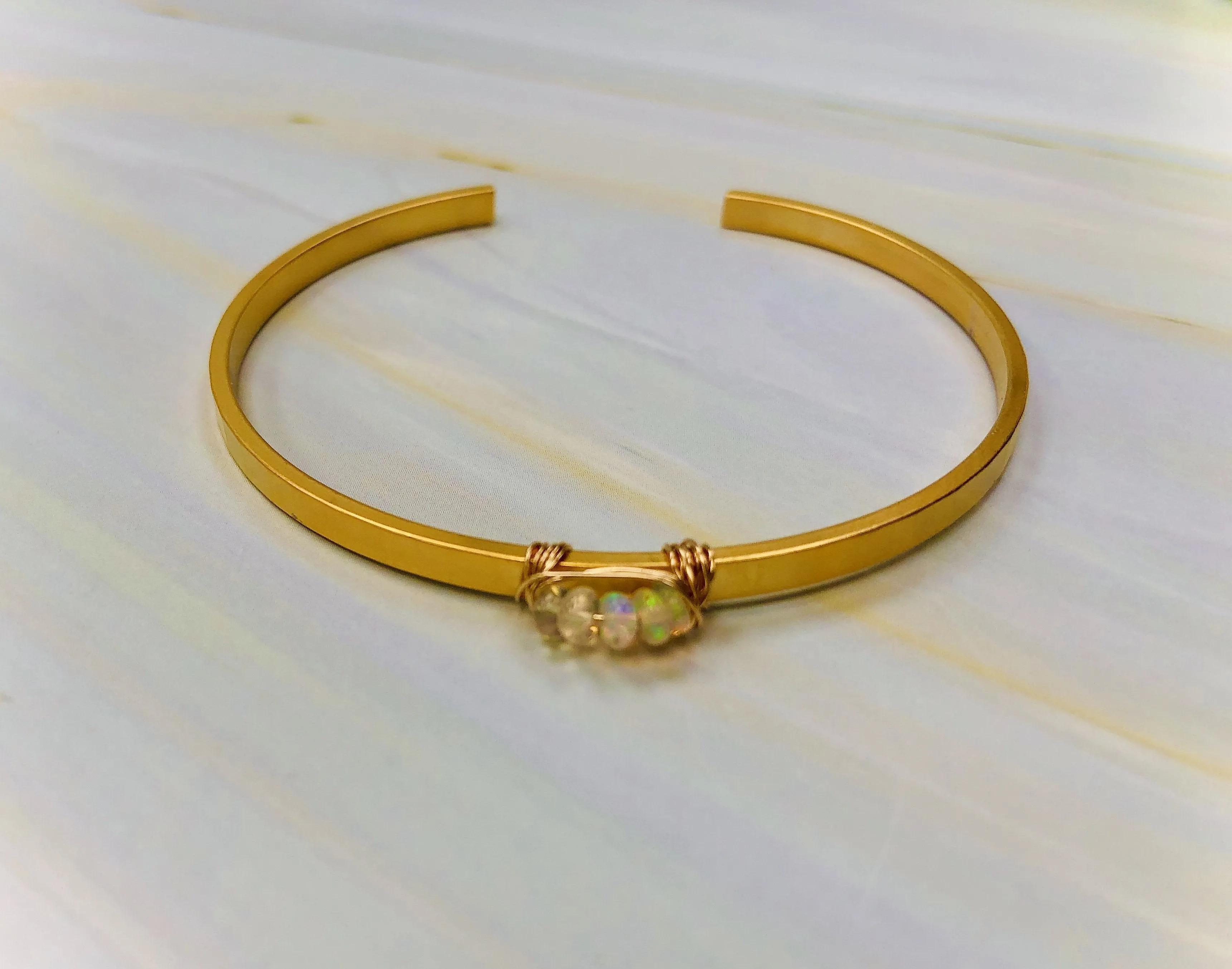 Dainty Wenlo Mine Genuine Opal cuff bracelet Stackable Matte Gold Genuine Opal Bracelet