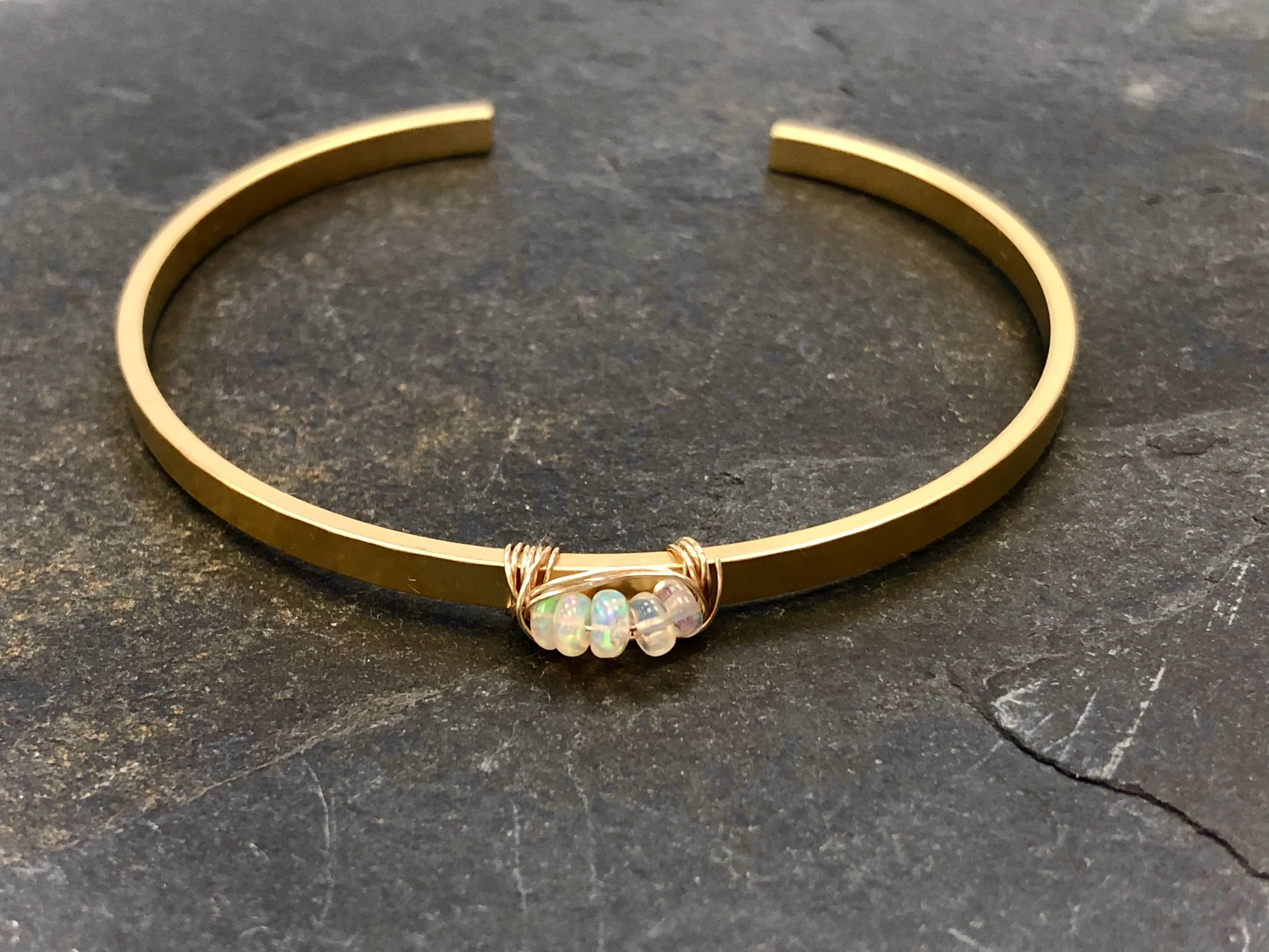 Dainty Wenlo Mine Genuine Opal cuff bracelet Stackable Matte Gold Genuine Opal Bracelet