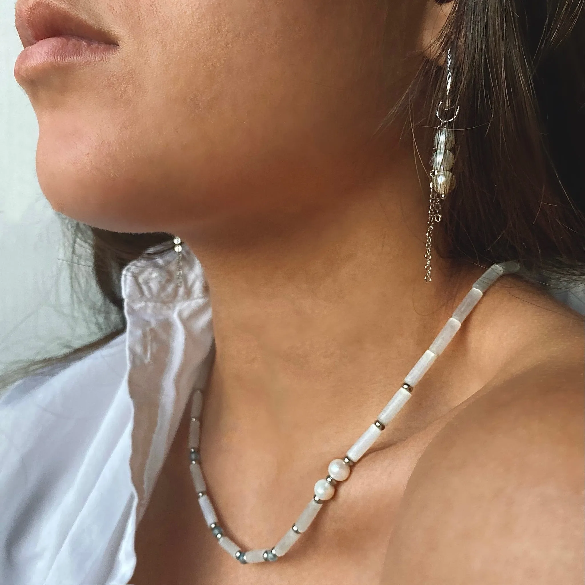 Delicate everyday necklace with selenite, blue topaz and pearl