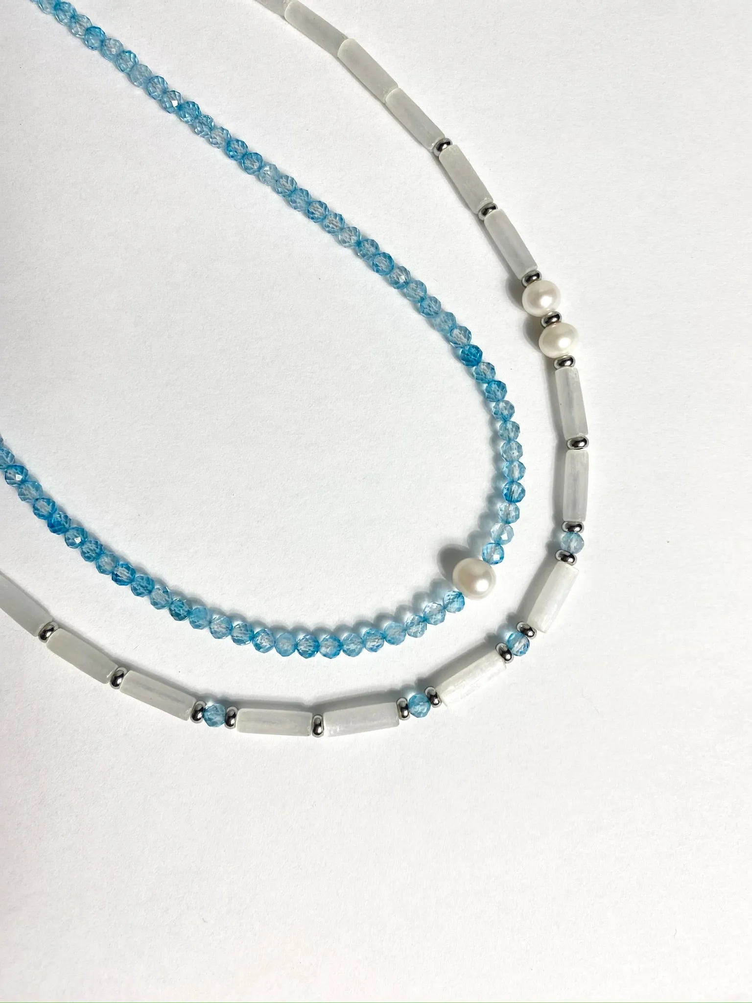 Delicate everyday necklace with selenite, blue topaz and pearl