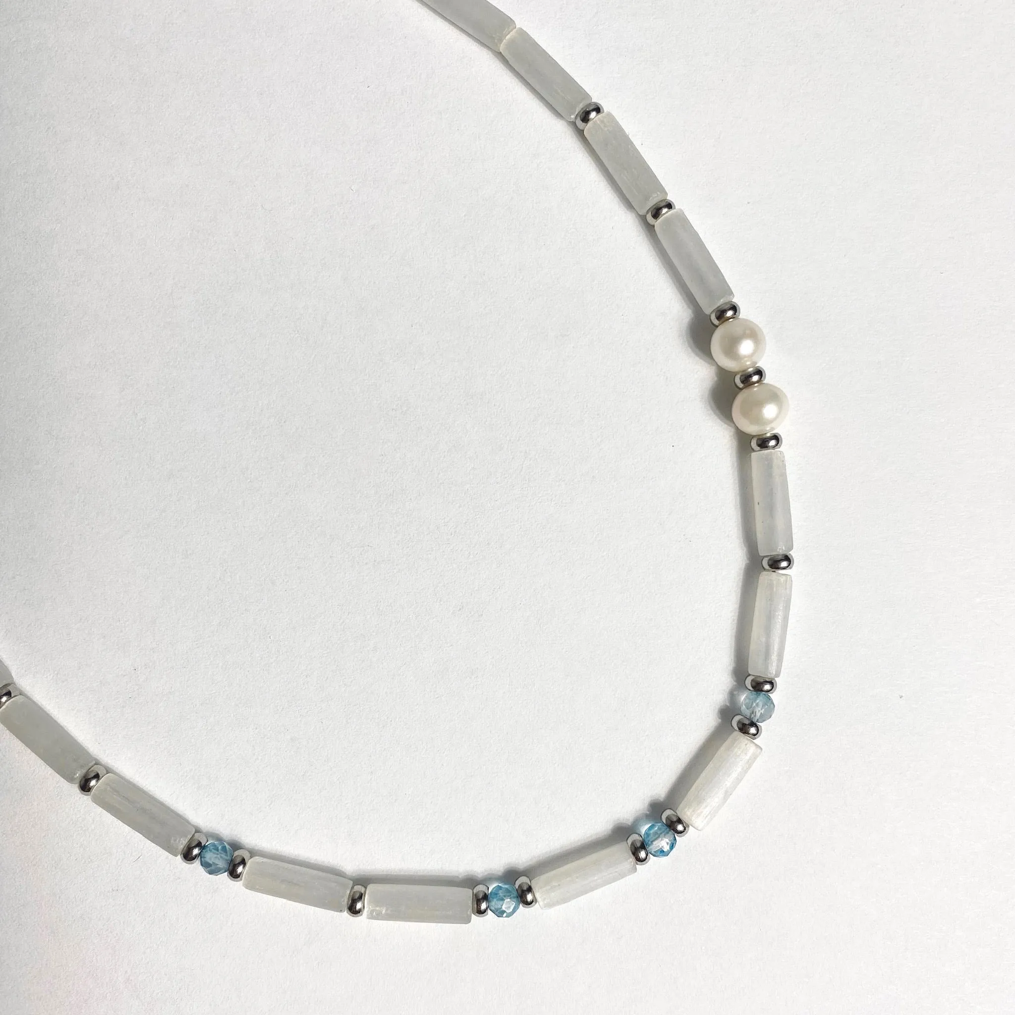 Delicate everyday necklace with selenite, blue topaz and pearl