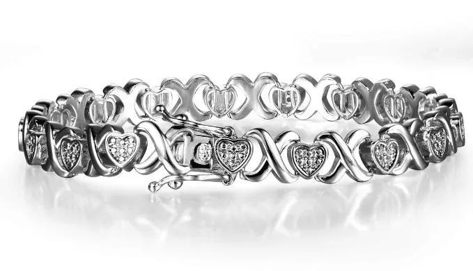 Diamond XO Heart Bracelet In Platinum Overlay - Ships Same/Next Day!