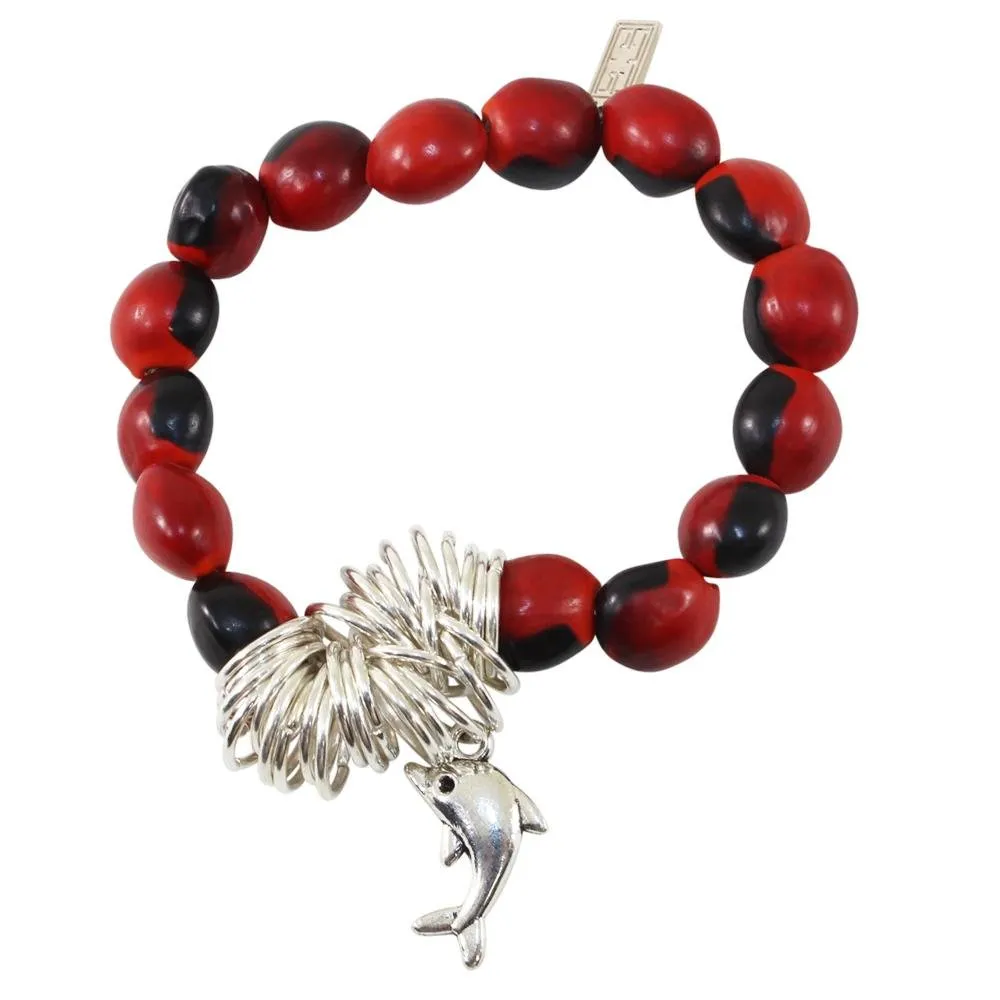 Dolphin Charm Stretchy Bracelet w/Meaningful Good Luck, Prosperity, Love Huayruro Seeds