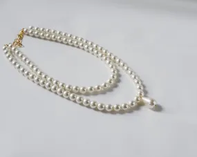 Double Strand Pearl Necklace - Small White with Teardrop