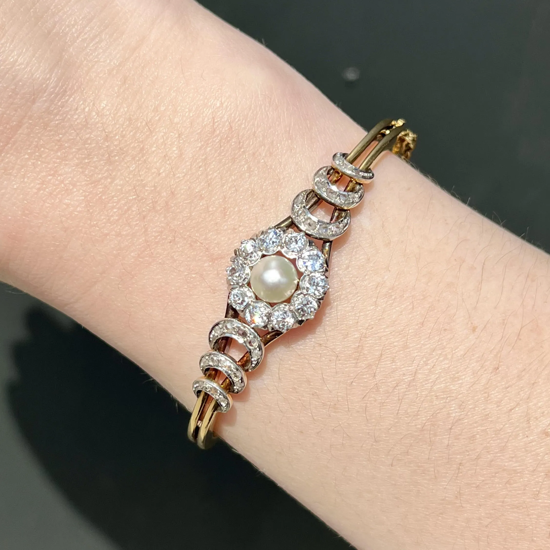 Edwardian 1.10 CTW Diamond and Pearl Bangle Bracelet