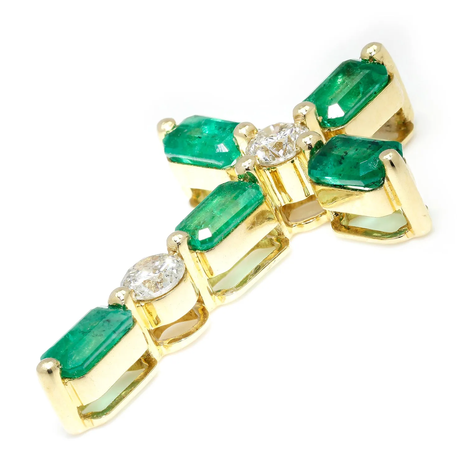 Emerald Crucifix Pendant with Diamonds Yellow Gold 1.77ctw