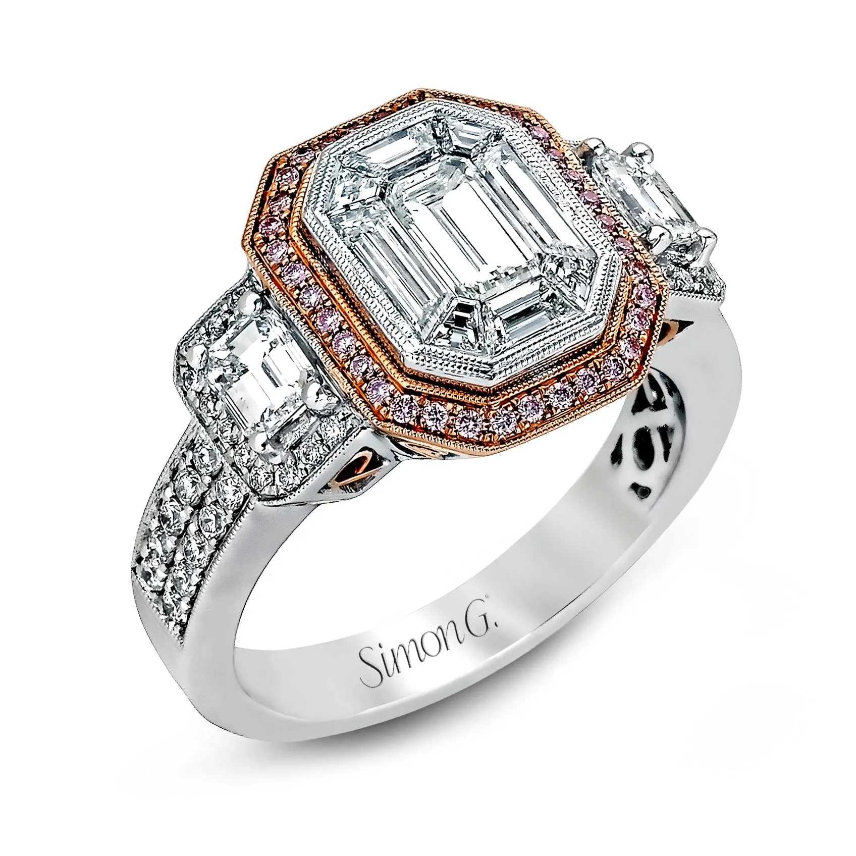 Emerald-cut Halo Engagement Ring in 18k Gold with Diamonds