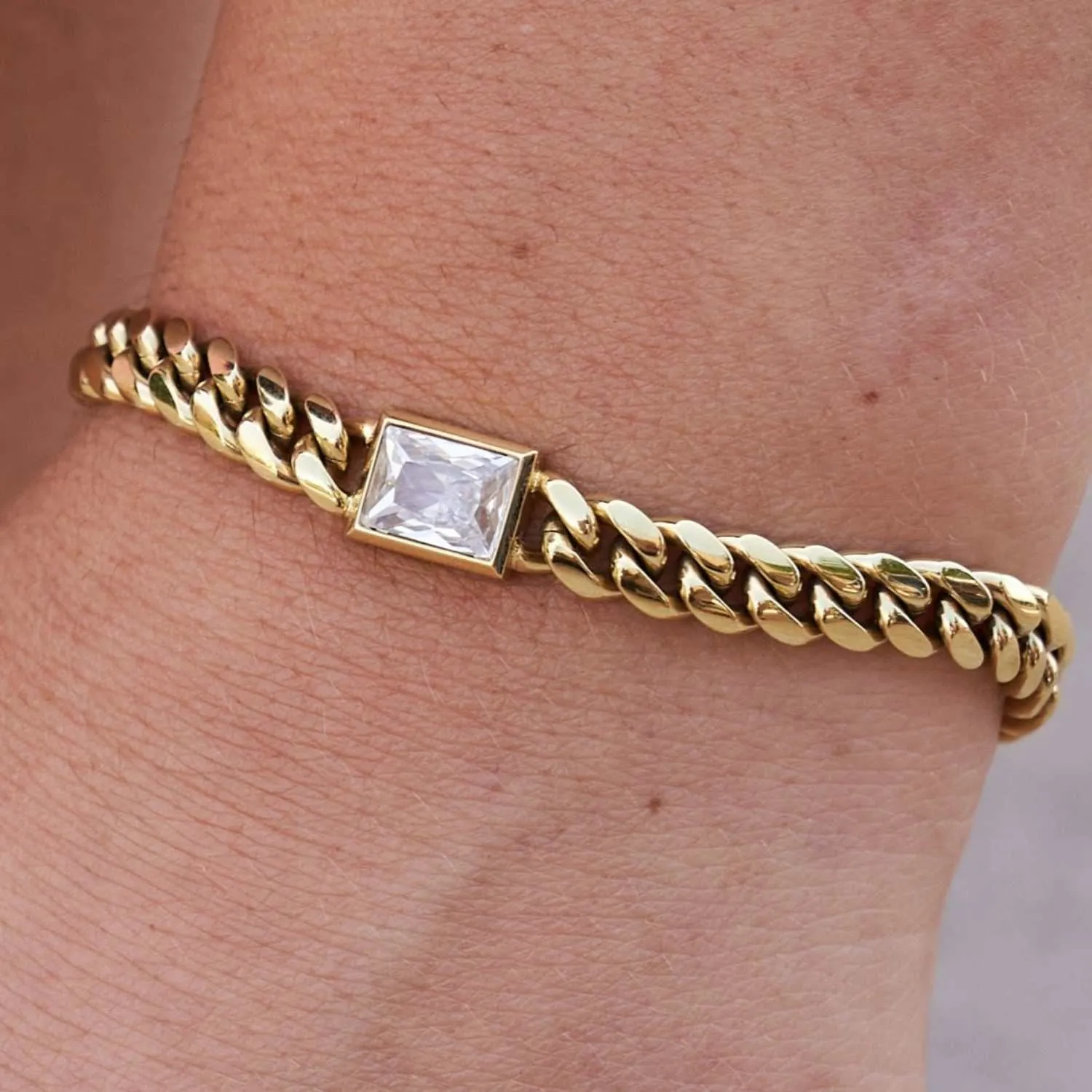 Emerald Cut Stone Miami Cuban Bracelet - Gold