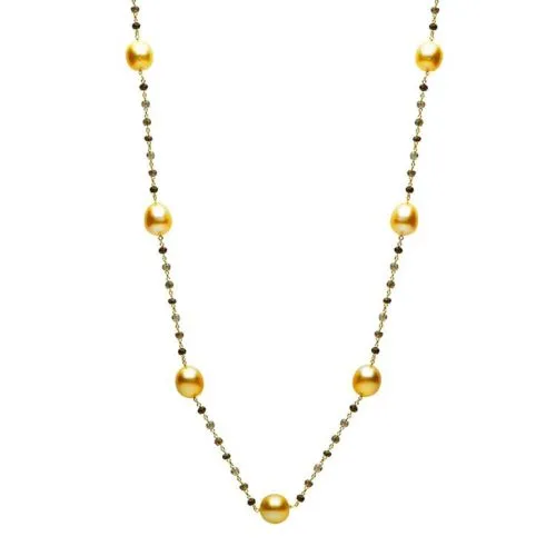 ESTATE 27.64CT AAA SMOKEY TOPAZ & GOLDEN PEARL 18KT YELLOW GOLD BEADED NECKLACE