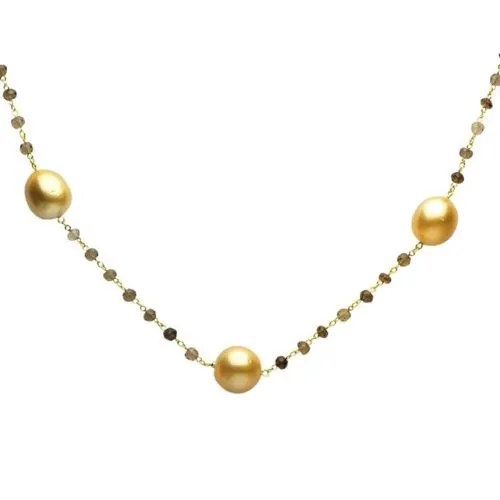 ESTATE 27.64CT AAA SMOKEY TOPAZ & GOLDEN PEARL 18KT YELLOW GOLD BEADED NECKLACE