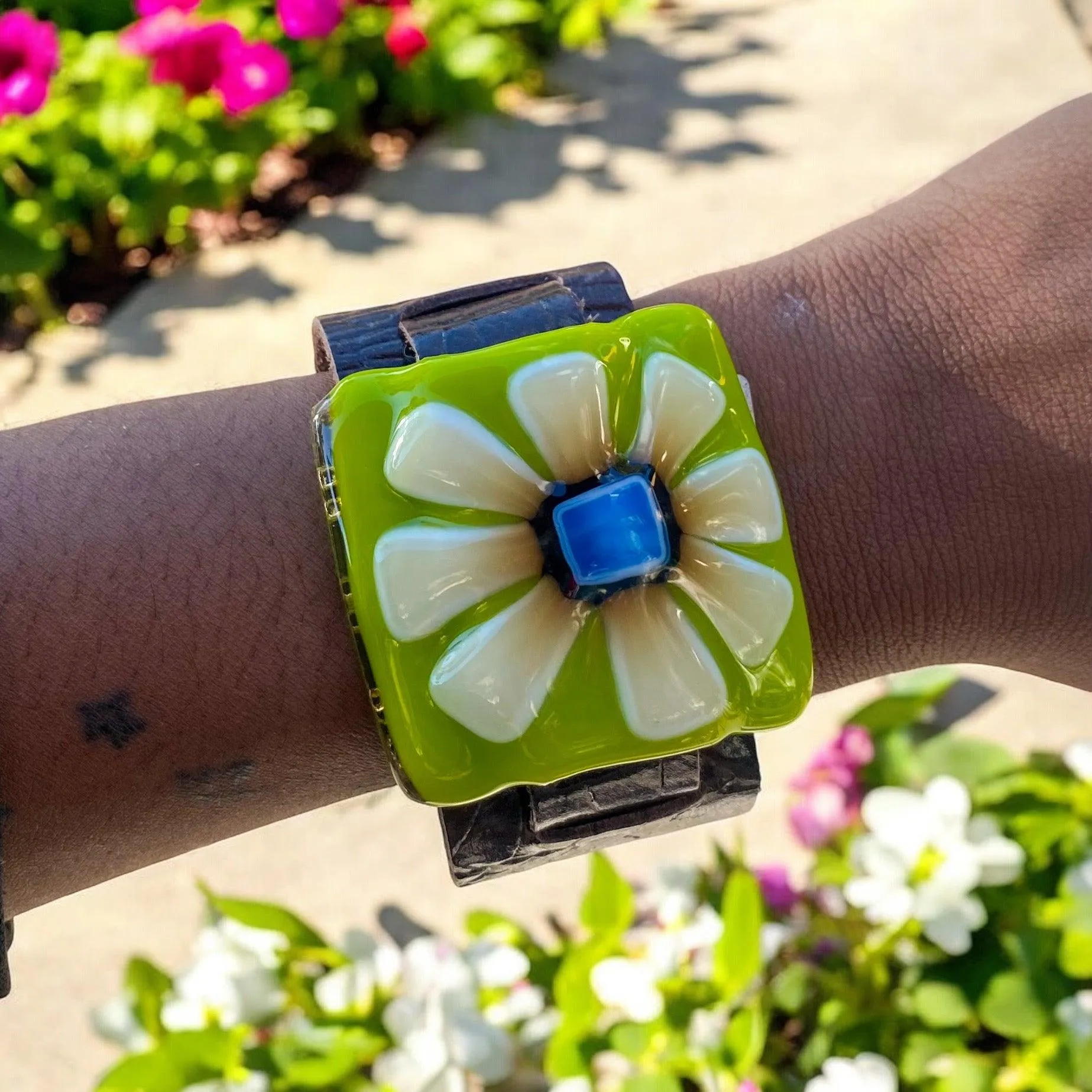 Flower Power Fused Glass Leather Buckle Bracelet