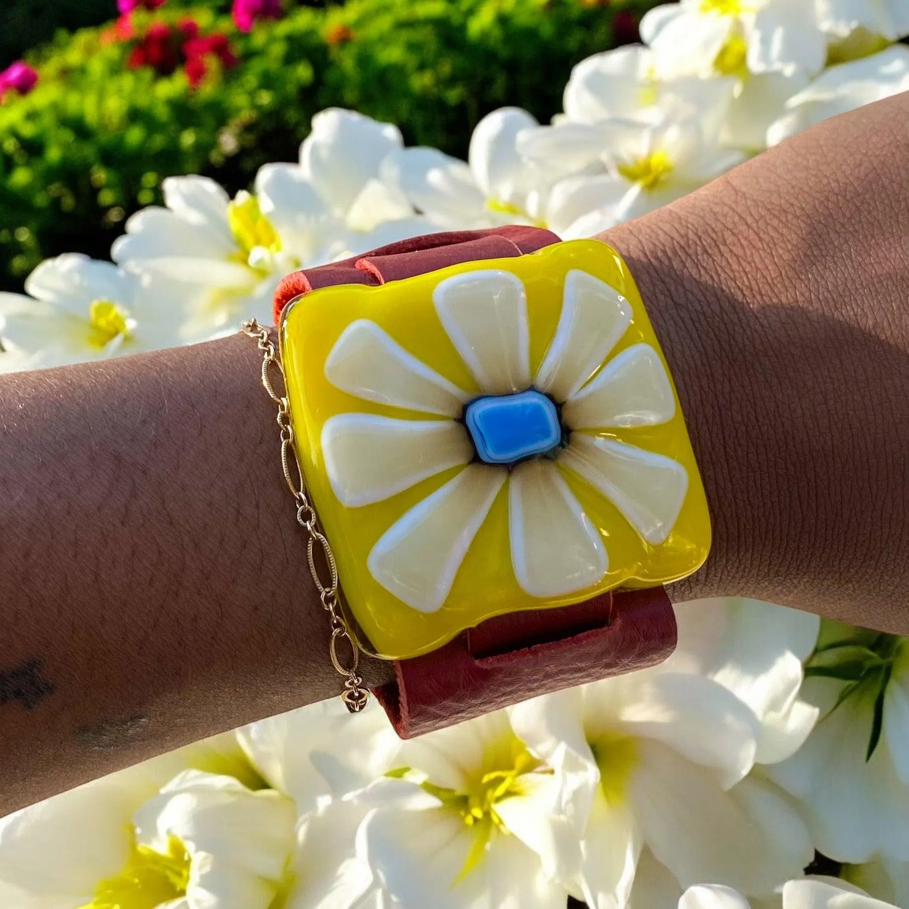 Flower Power Fused Glass Leather Buckle Bracelet