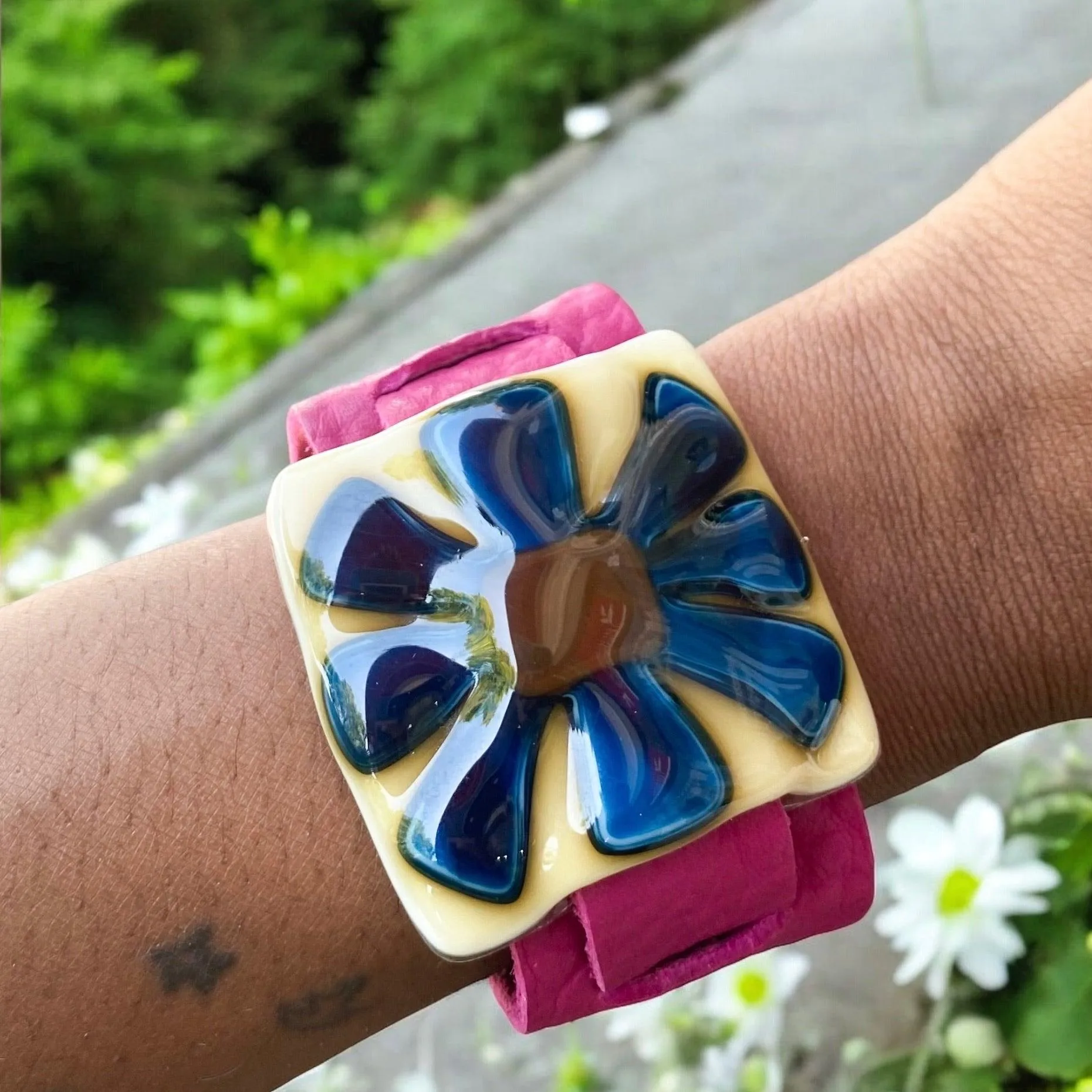 Flower Power Fused Glass Leather Buckle Bracelet