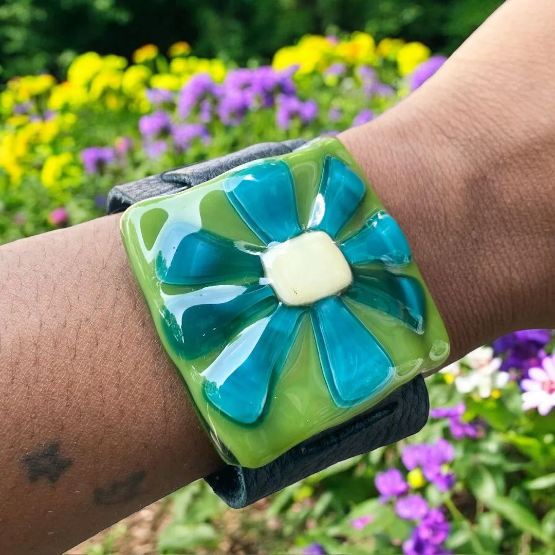 Flower Power Fused Glass Leather Buckle Bracelet