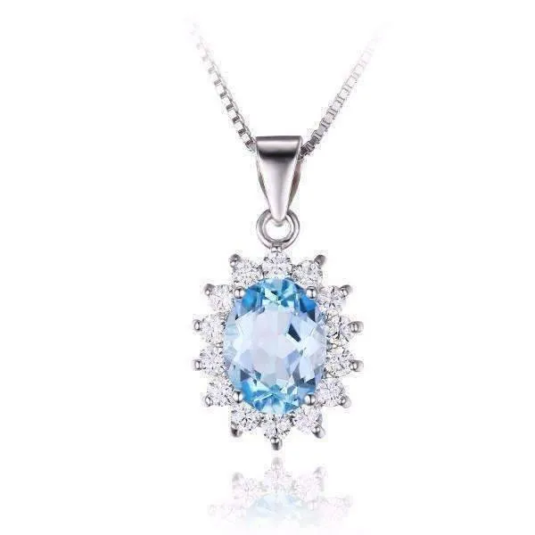 French Blue Halo 2.5CT Genuine Topaz IOBI Precious Gems 925 Sterling Silver Pendant