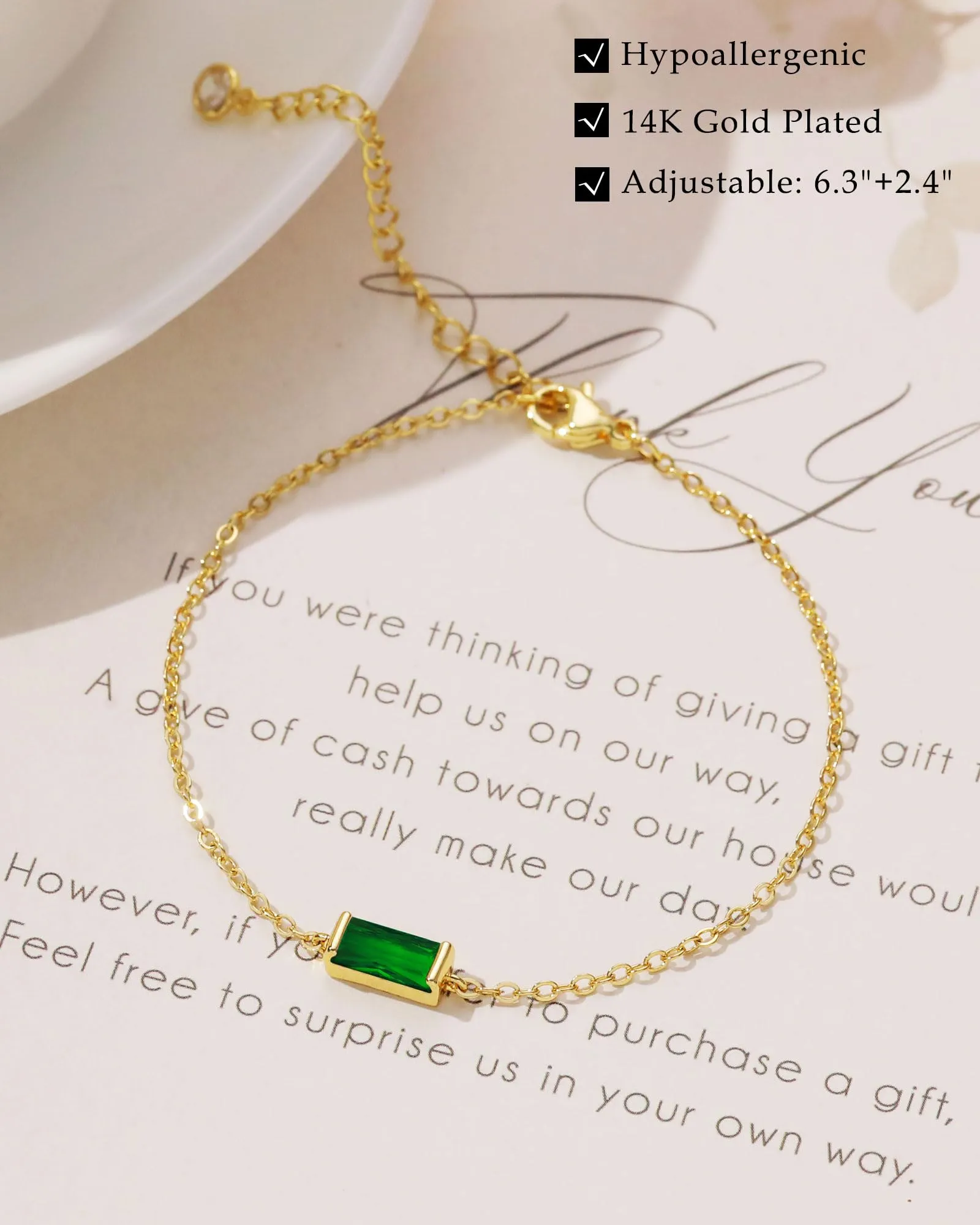 FUNEIA Birthstone Gold Bracelets for Women Non Tarnish Trendy Dainty 14K Gold Plated Bracelet Stack Stackable Blue Green May Emerald Friendship Bracelets Jewelry Gifts for Mom Best Friend