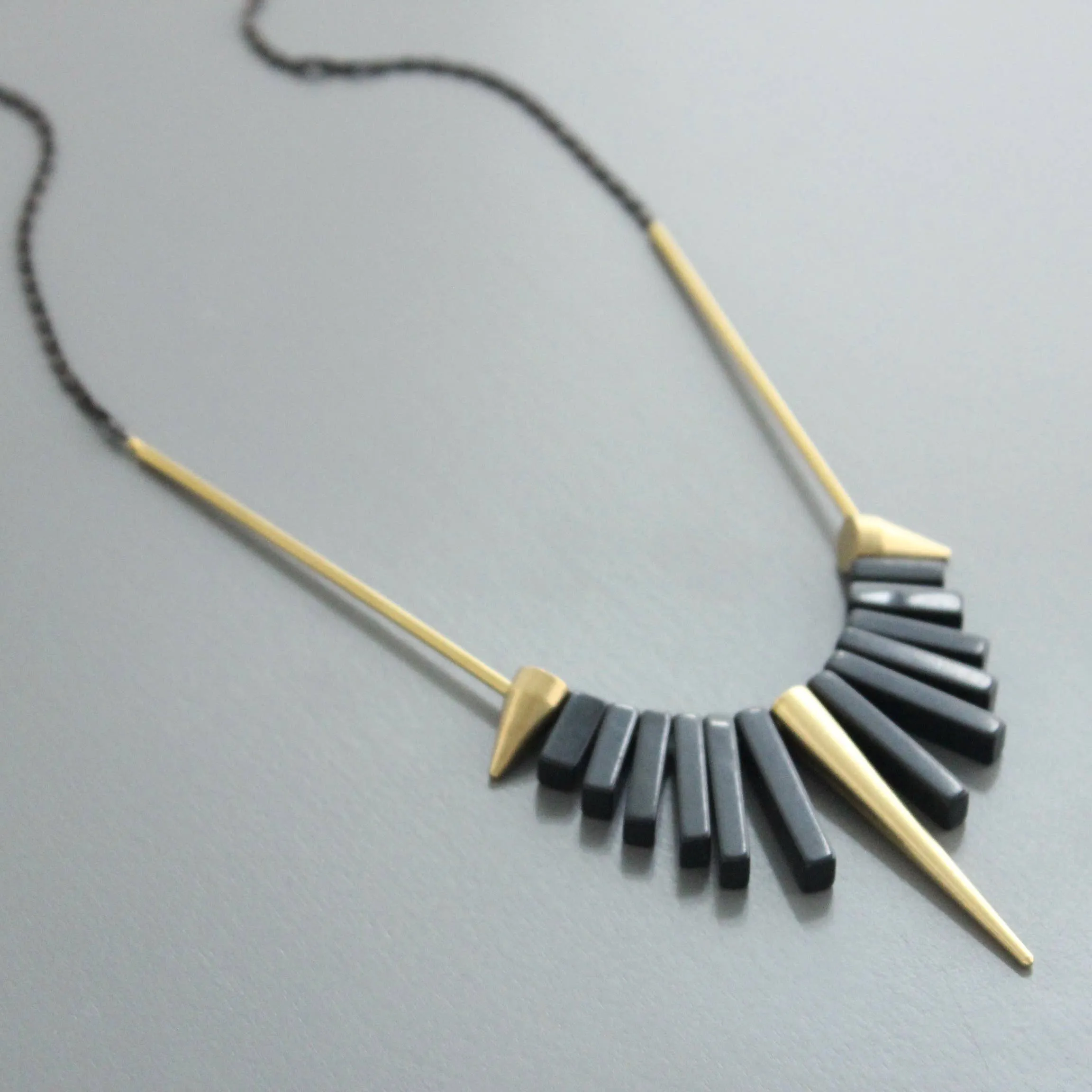 Geometric Black Agate and Brass Spike Necklace