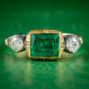 Georgian Style Emerald Diamond Trilogy Ring 18ct Gold Silver 1.50ct Emerald 0.50ct Of Diamond