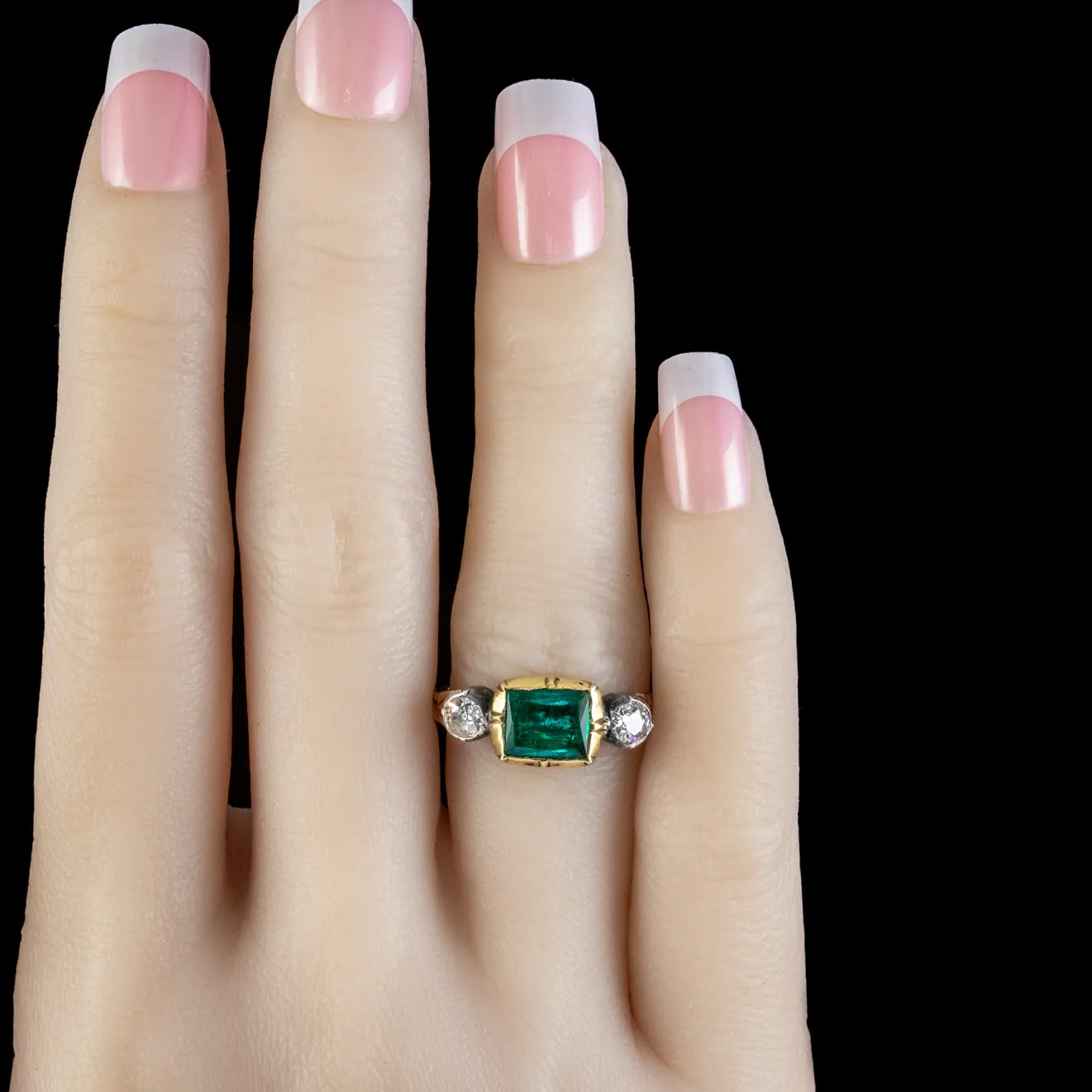 Georgian Style Emerald Diamond Trilogy Ring 18ct Gold Silver 1.50ct Emerald 0.50ct Of Diamond