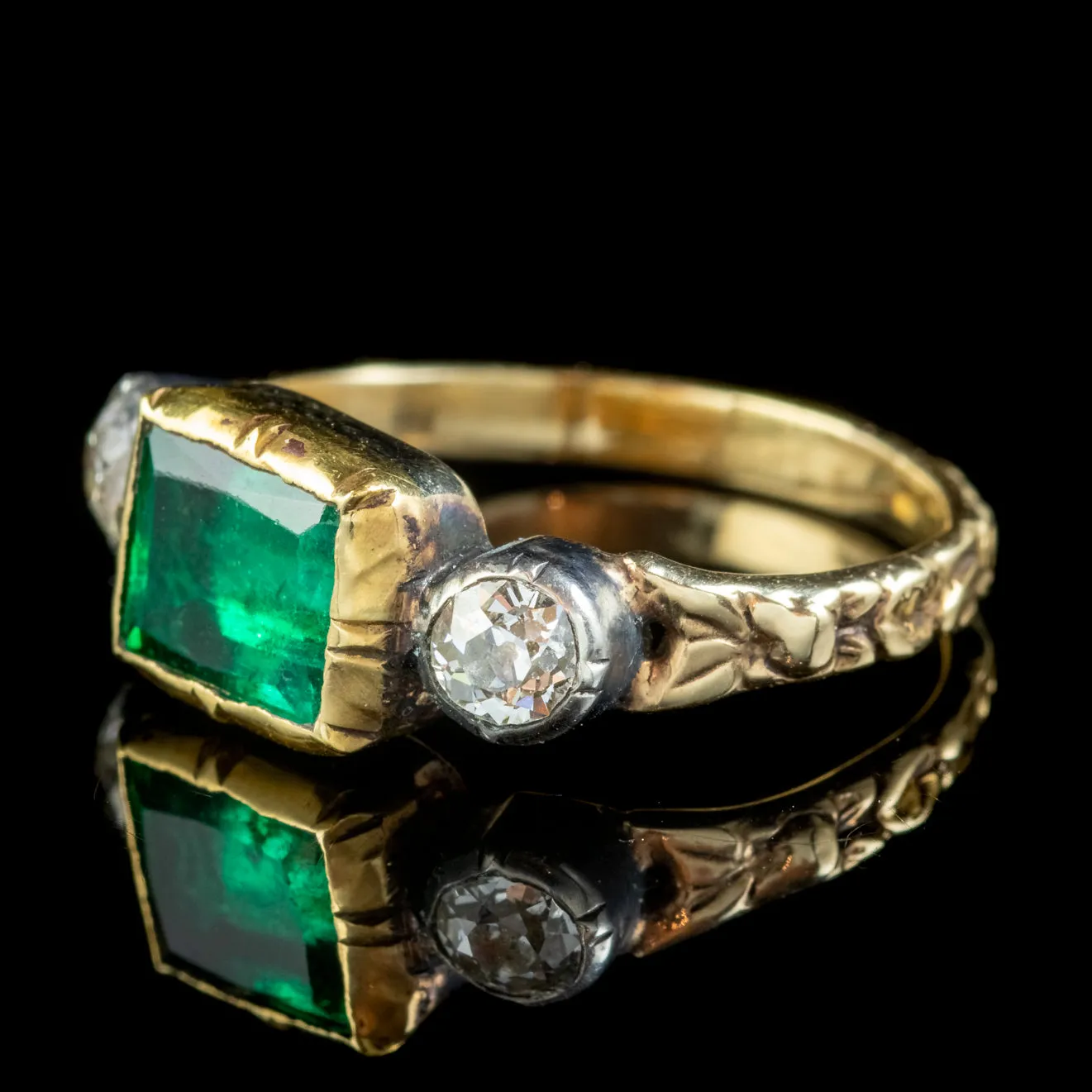 Georgian Style Emerald Diamond Trilogy Ring 18ct Gold Silver 1.50ct Emerald 0.50ct Of Diamond