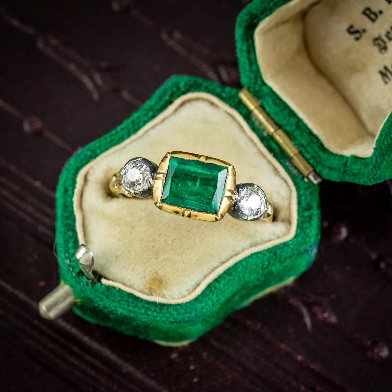 Georgian Style Emerald Diamond Trilogy Ring 18ct Gold Silver 1.50ct Emerald 0.50ct Of Diamond