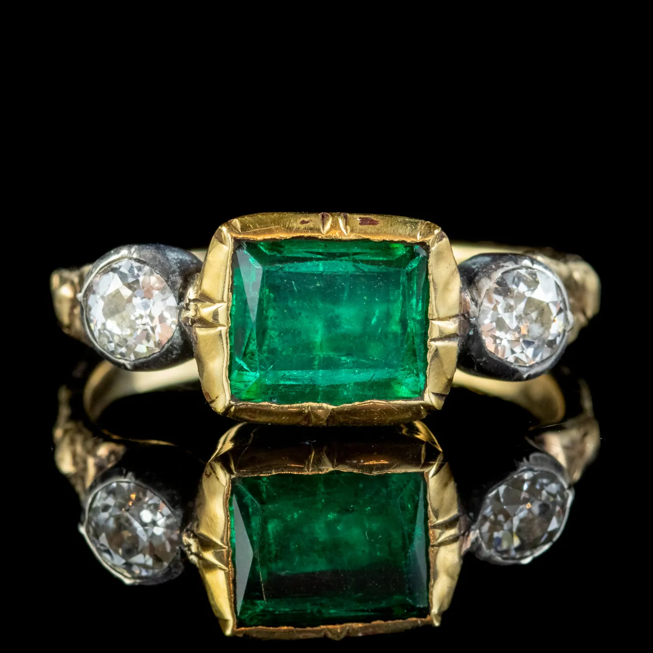 Georgian Style Emerald Diamond Trilogy Ring 18ct Gold Silver 1.50ct Emerald 0.50ct Of Diamond