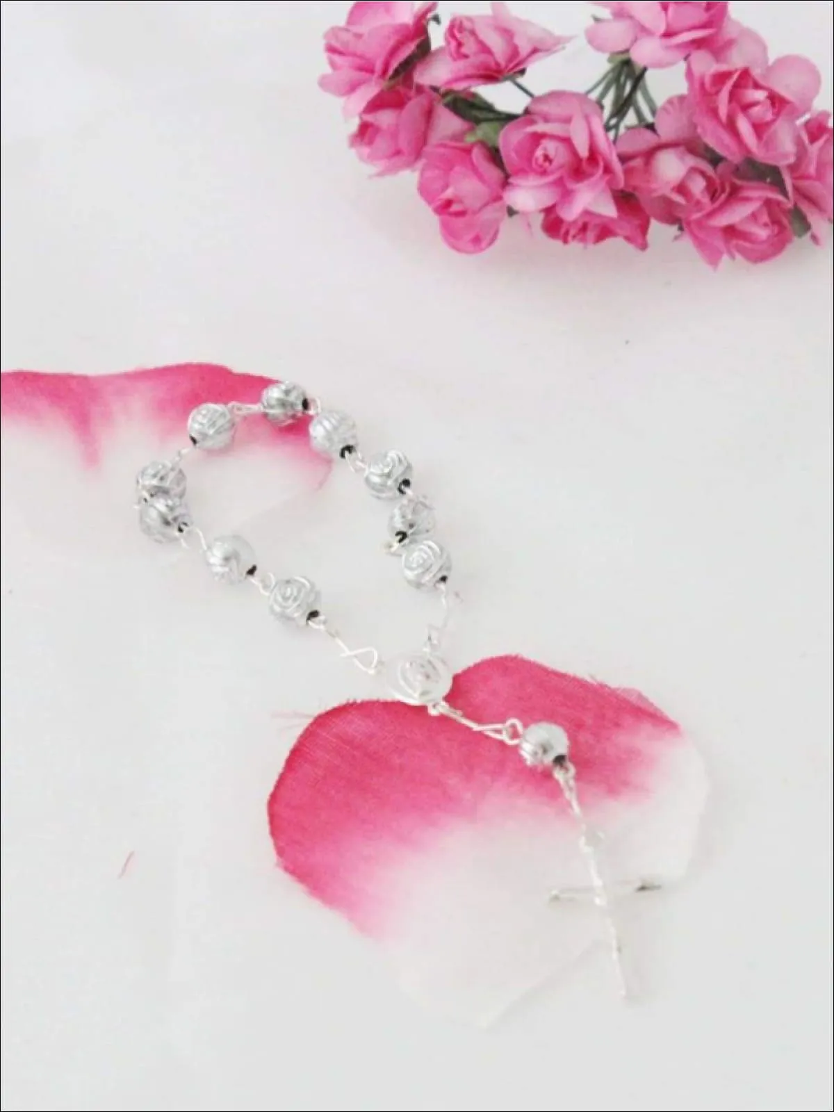 Girls Silver Rose Cross Bracelet Rosary