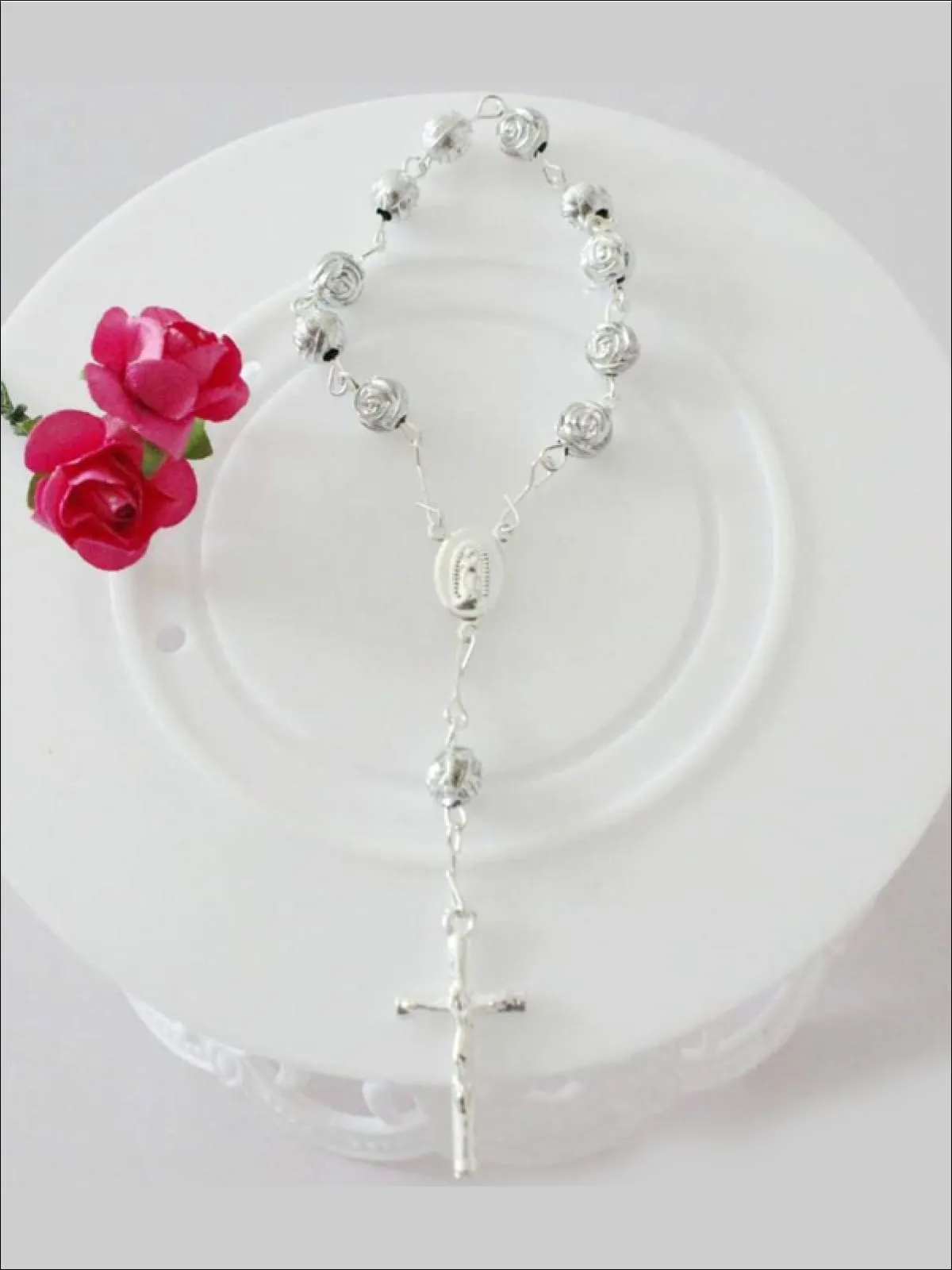 Girls Silver Rose Cross Bracelet Rosary