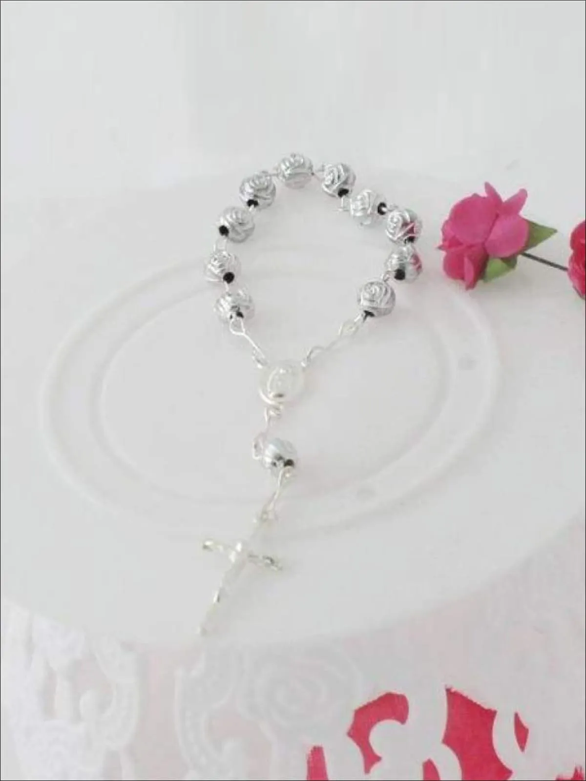 Girls Silver Rose Cross Bracelet Rosary