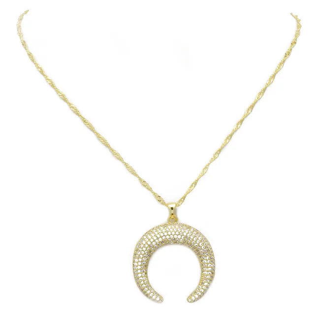 Gold Cubic Zirconia Pave Horn Pendant Necklace