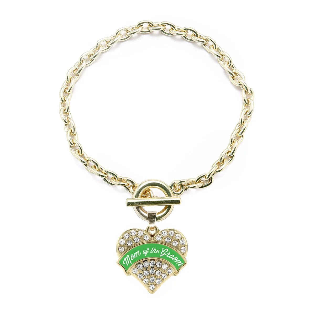 Gold Emerald Green Mom of the Groom Pave Heart Charm Toggle Bracelet