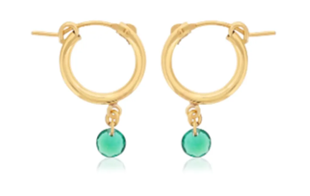 Gold Filled Round Lab Emerald Drop Hoop Earrings by Dee Berkley